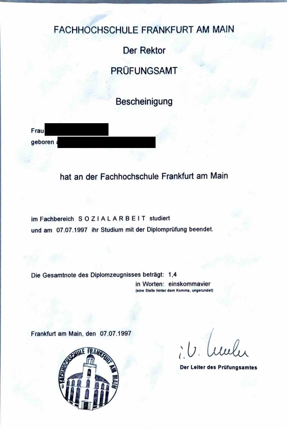 Bescheinigung der Diplomprüfung Sozialarbeit — persönliche Daten geschwärzt