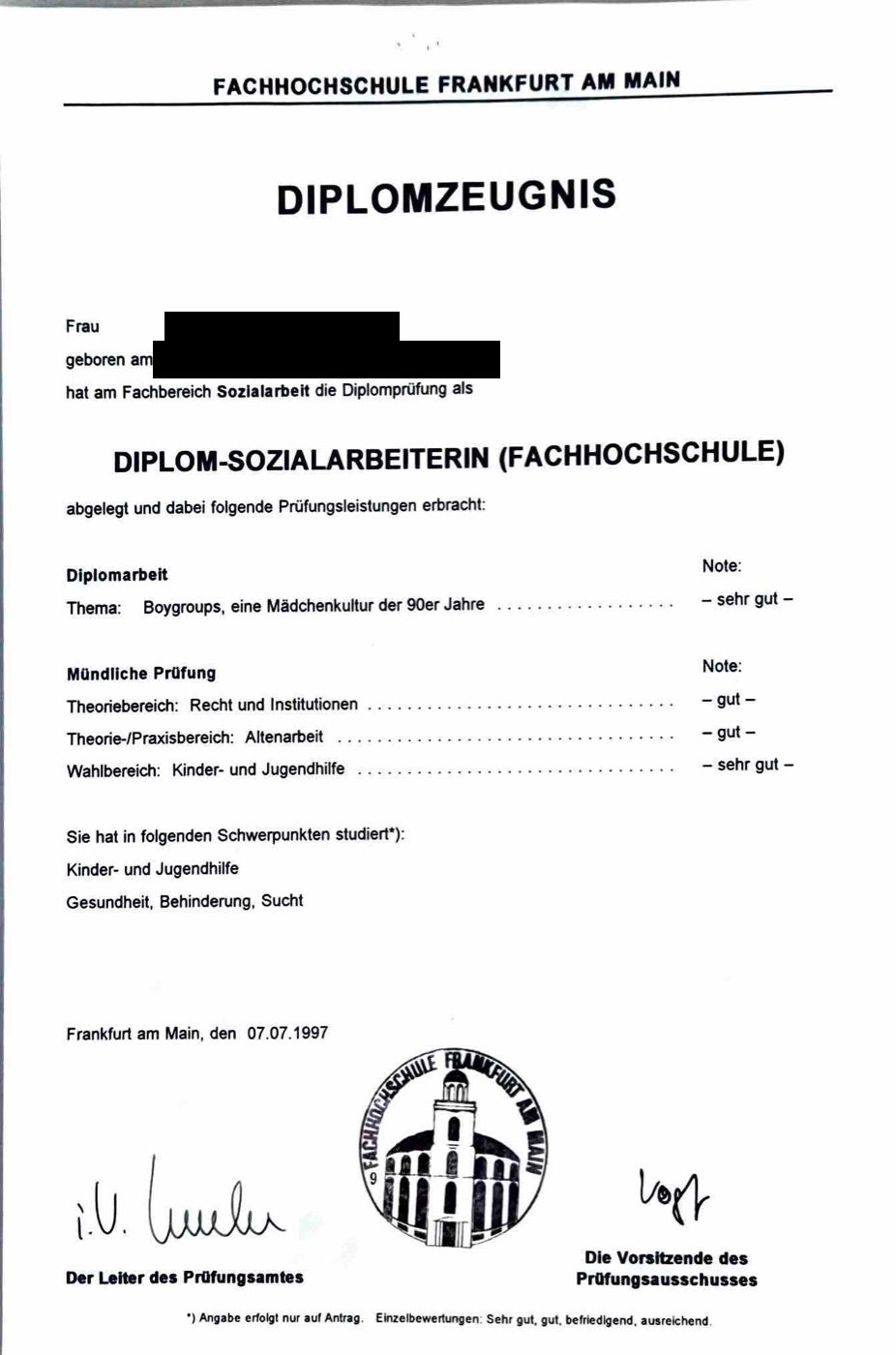 Diplomzeugnis Sozialarbeit, FH Frankfurt 1997 — persönliche Daten geschwärzt