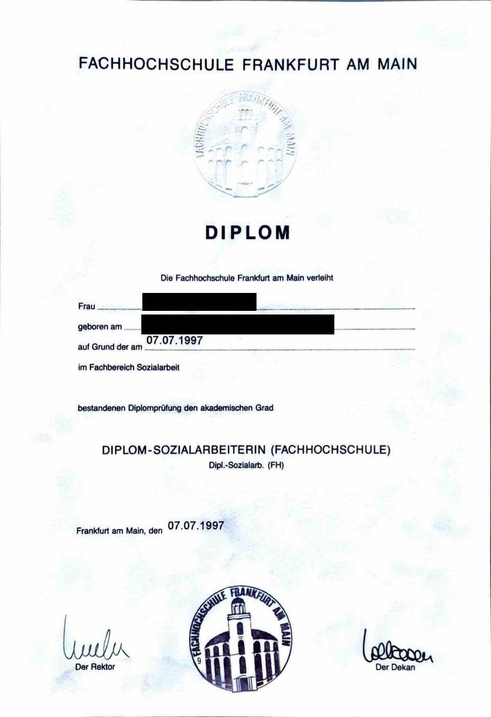 Diplom-Urkunde Dipl.-Sozialarbeiterin (FH) — persönliche Daten geschwärzt
