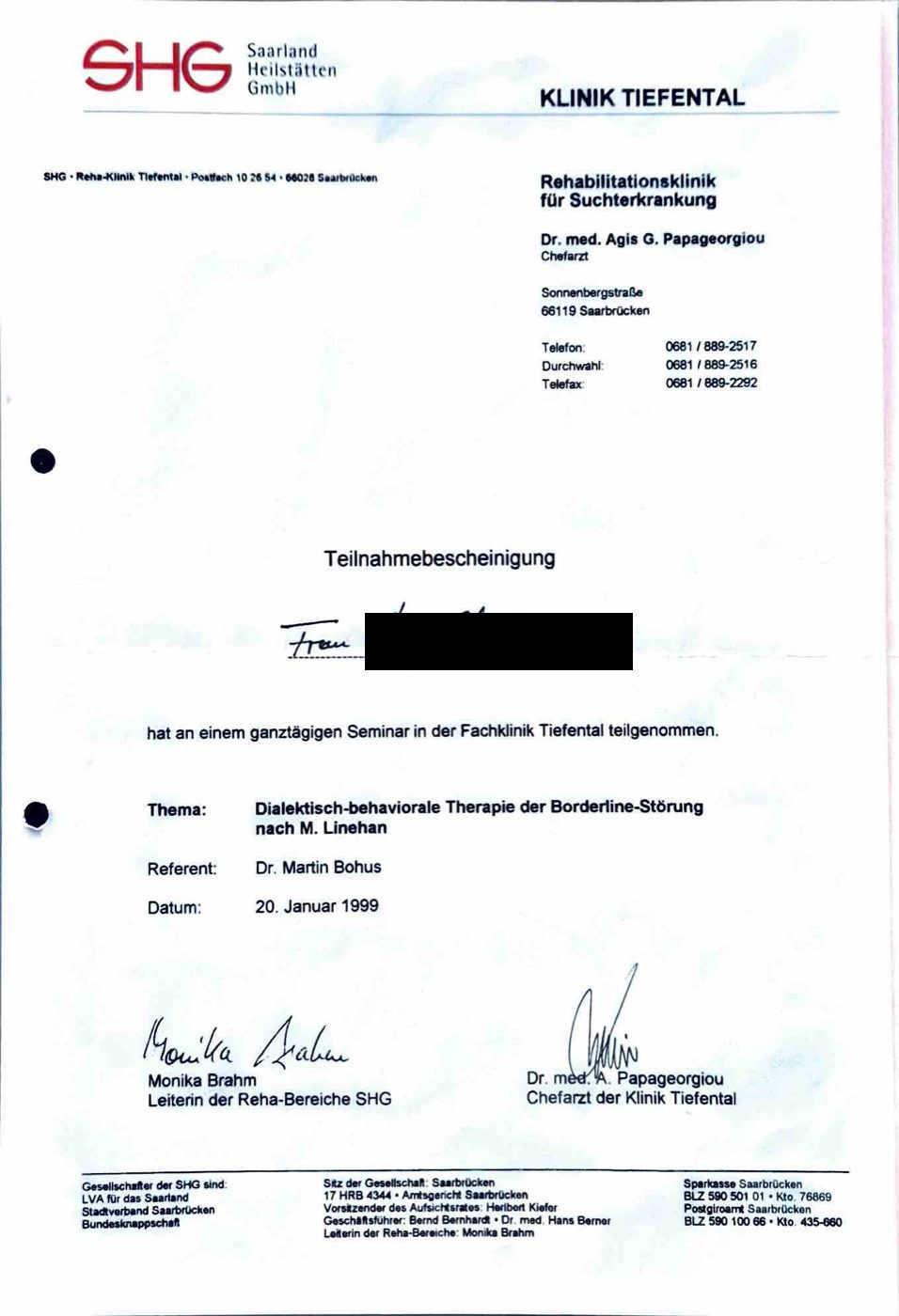 Teilnahmebescheinigung Dialektisch-Behaviorale Therapie nach M. Linehan — persönliche Daten geschwärzt