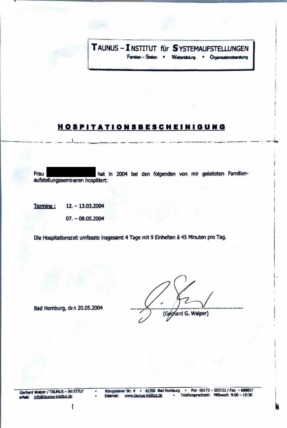 Hospitationsbescheinigung Familienaufstellungen, Taunus-Institut — persönliche Daten geschwärzt