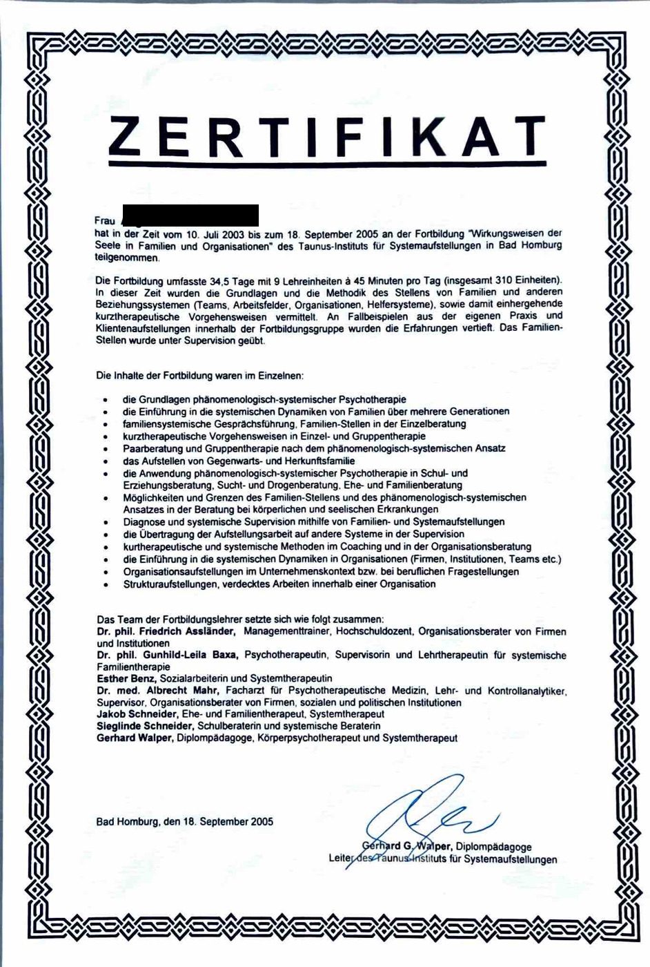 Zertifikat Fortbildung Systemaufstellungen, Taunus-Institut — persönliche Daten geschwärzt
