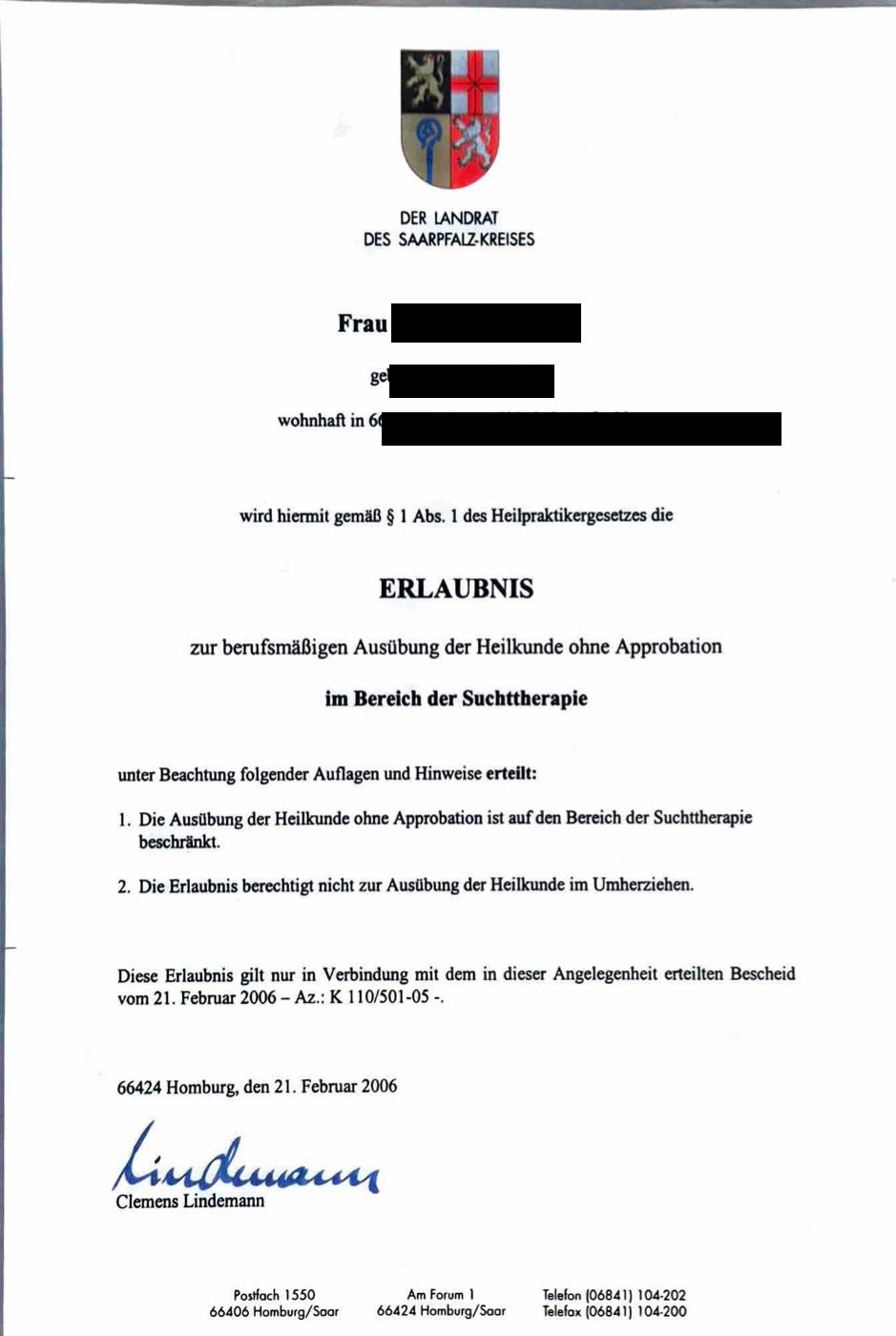 Erlaubnis zur Ausübung der Heilkunde ohne Approbation im Bereich Suchttherapie — persönliche Daten geschwärzt